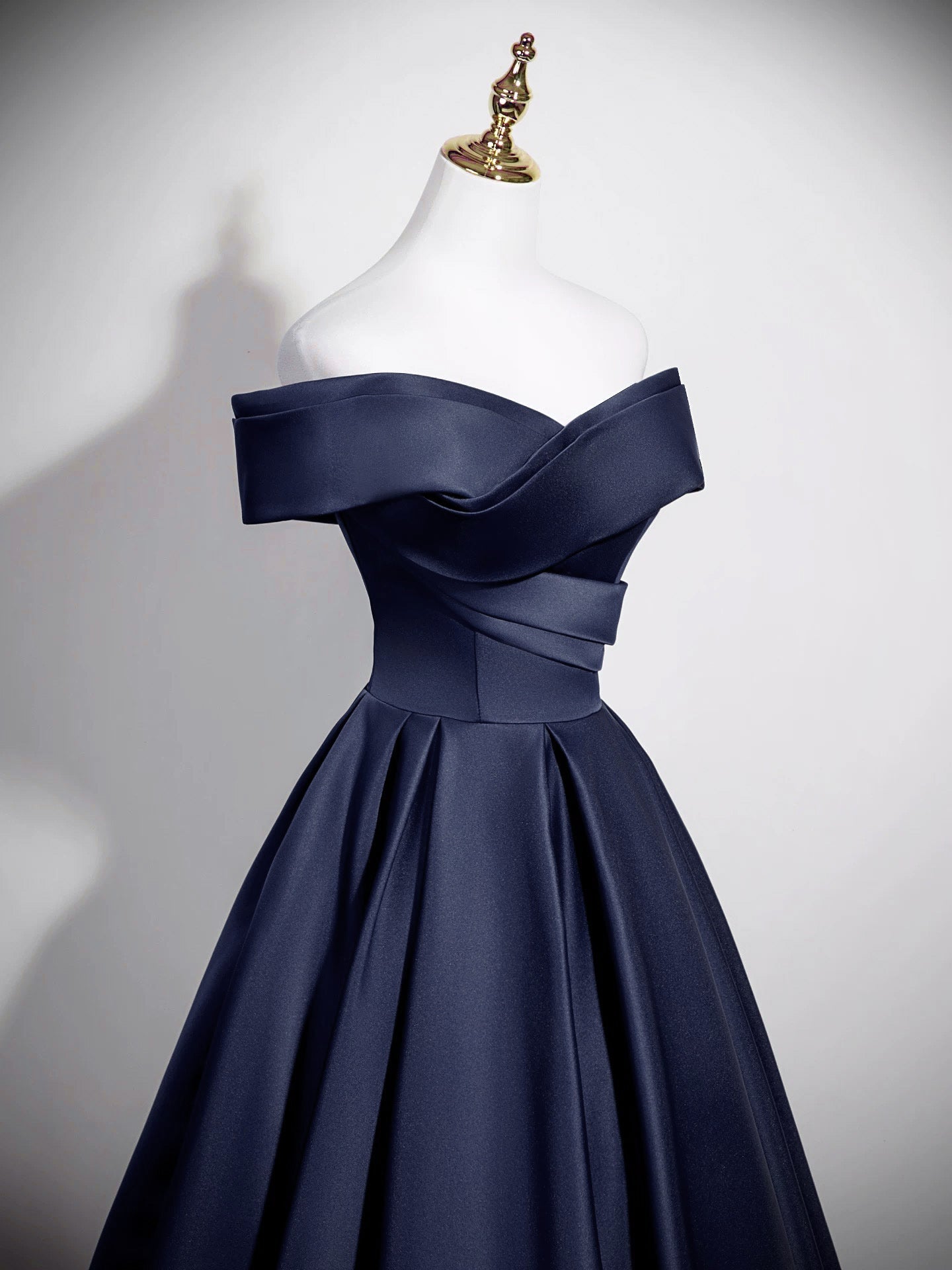 A-Line Straight Neck Floor-Length Navy Satin Prom Dress with Sculpted Off-the-Shoulder Bodice