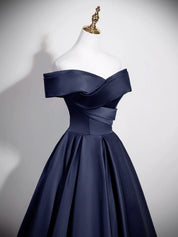 A-Line Straight Neck Floor-Length Navy Satin Prom Dress with Sculpted Off-the-Shoulder Bodice