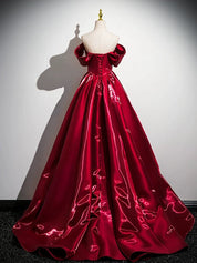 Ball Gown Straight Neck Floor-Length Water Satin Floral Prom Dress in Burgundy