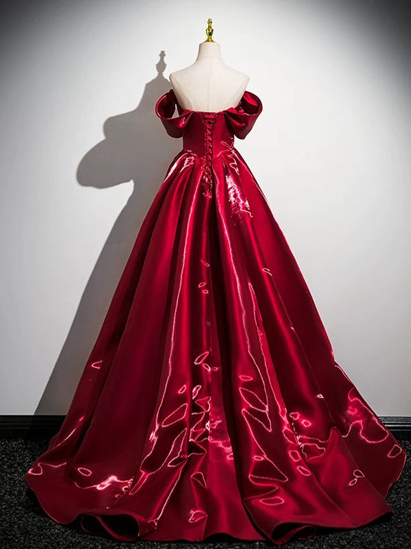 Ball Gown Straight Neck Floor-Length Water Satin Floral Prom Dress in Burgundy