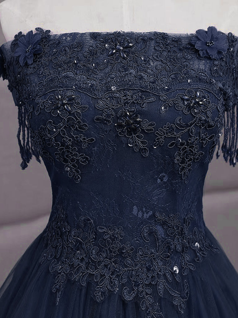 A-Line Tulle Lace Dark Blue Long Prom Dress, Dark Blue Long Sweet 16 Dress