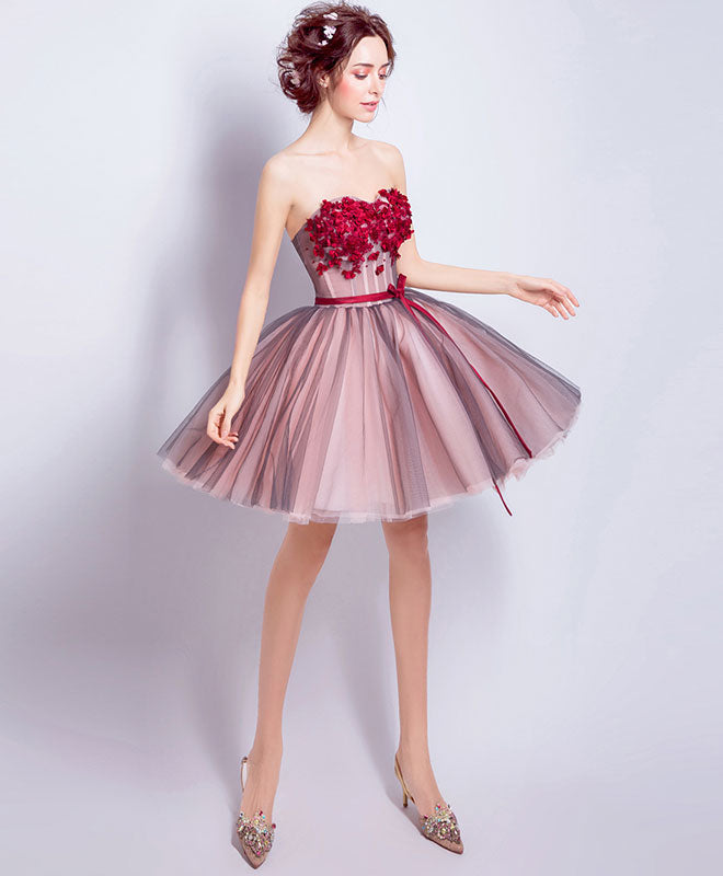 A-line Strapless Short/Mini Tulle Homecoming Dress with 3D Floral Appliques & Ribbon Waist