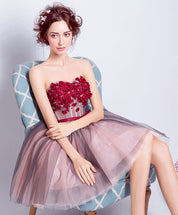 A-line Strapless Short/Mini Tulle Homecoming Dress with 3D Floral Appliques & Ribbon Waist