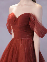 A-Line Off Shoulder Tulle Burgundy Long Prom Dress, Burgundy Long Formal Dress