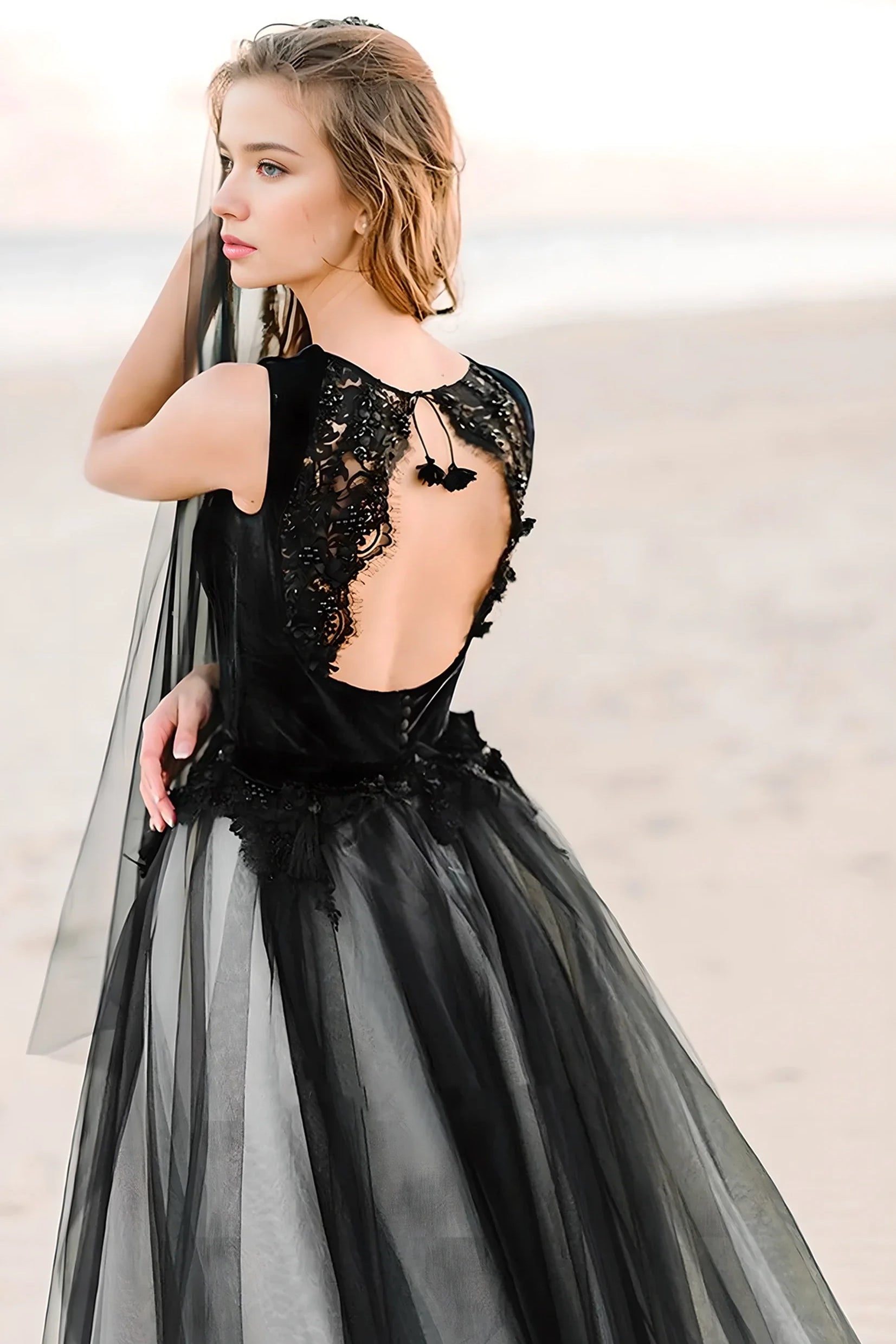 A-Line Black and White Unique Fairy Beach Lace Tulle Square Neck Floor Wedding Dress  with Keyhole Back