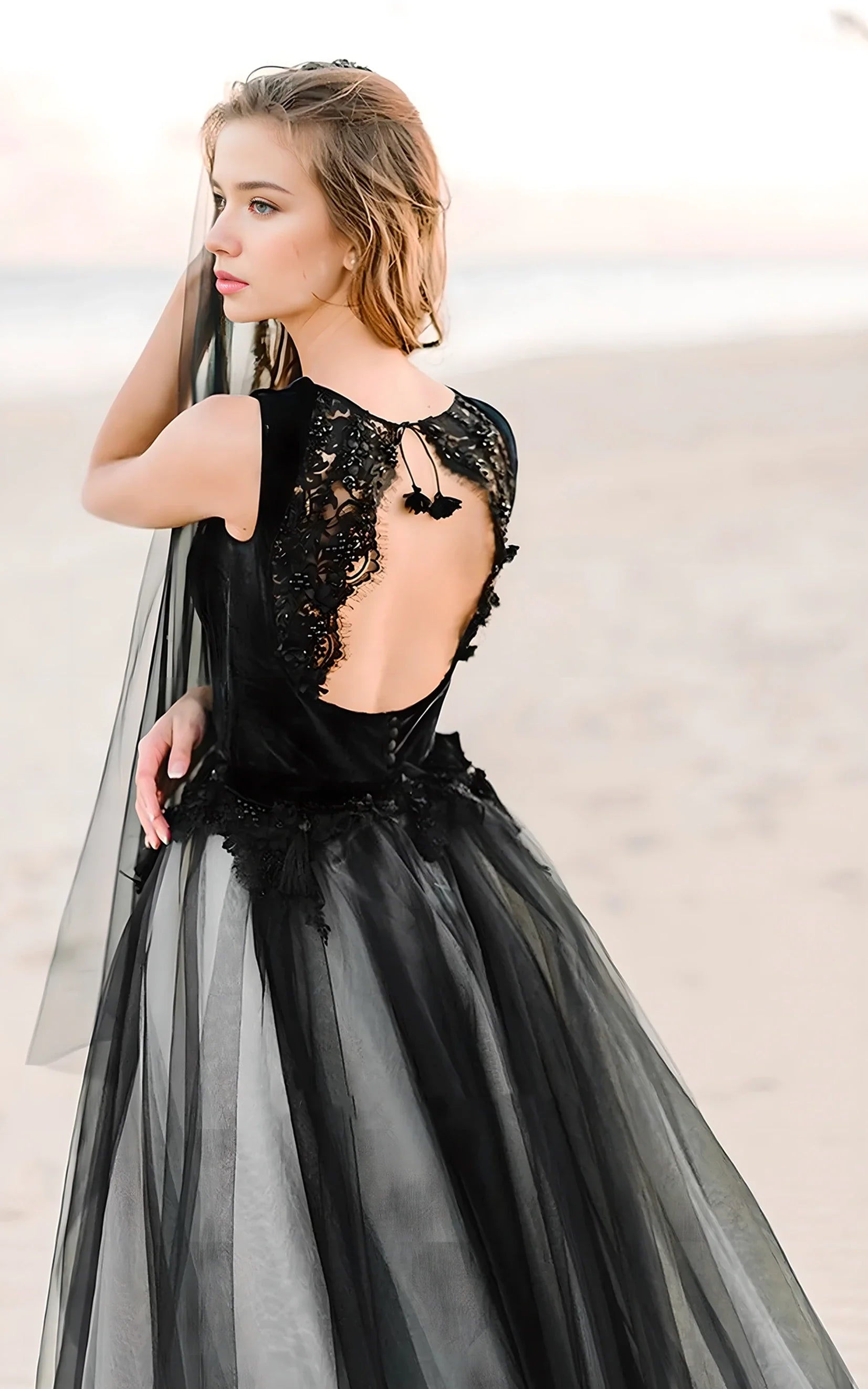 A-Line Black and White Unique Fairy Beach Lace Tulle Square Neck Floor Wedding Dress  with Keyhole Back