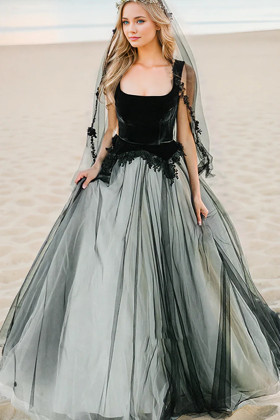 A-Line Black and White Unique Fairy Beach Lace Tulle Square Neck Floor Wedding Dress  with Keyhole Back