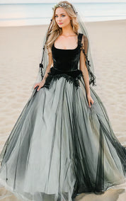 A-Line Black and White Unique Fairy Beach Lace Tulle Square Neck Floor Wedding Dress  with Keyhole Back