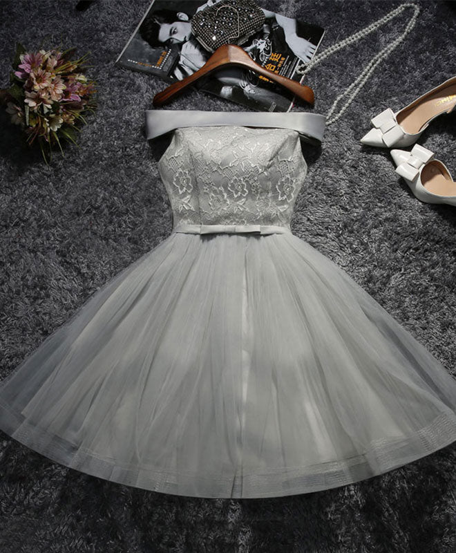 A-line Off-the-Shoulder Knee-Length Tulle & Lace Homecoming Dress with Lace-Up Back