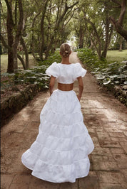Genevieve | A Line Two Piece Square Neck Satin Long Wedding Dresses