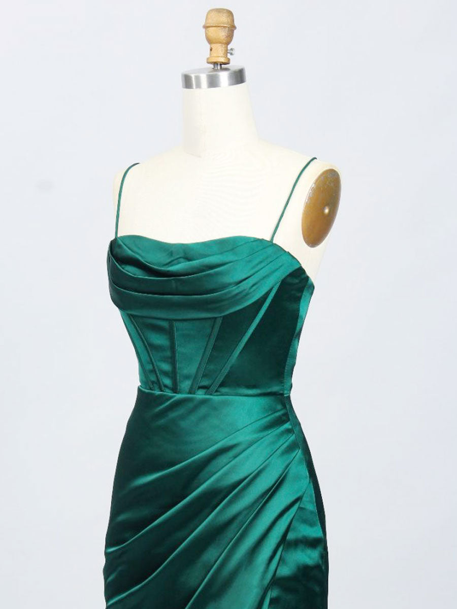 Sheath Sweetheart Neck Floor-Length Emerald Green Satin Prom Dress with Draped Bodice and Thigh-High Slit