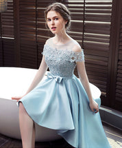 A-line Illusion Neck High-Low Satin & Lace Homecoming Dress with Bow Waist Detail