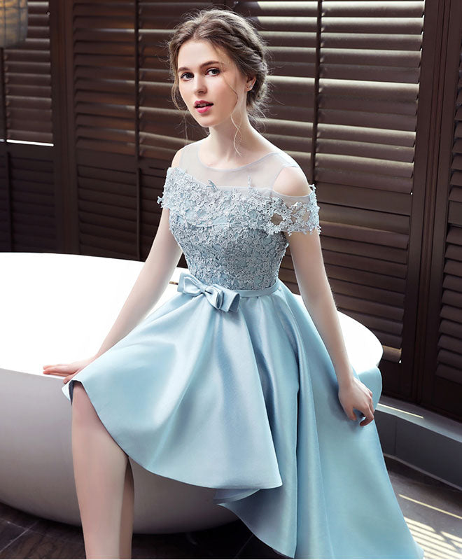 A-line Illusion Neck High-Low Satin & Lace Homecoming Dress with Bow Waist Detail