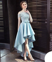 A-line Illusion Neck High-Low Satin & Lace Homecoming Dress with Bow Waist Detail