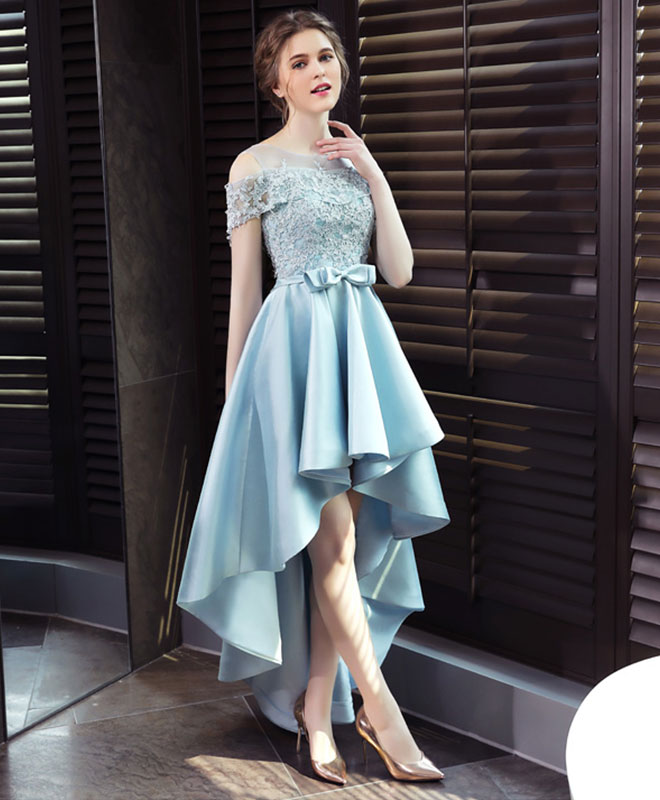 A-line Illusion Neck High-Low Satin & Lace Homecoming Dress with Bow Waist Detail