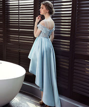 A-line Illusion Neck High-Low Satin & Lace Homecoming Dress with Bow Waist Detail
