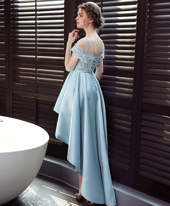 A-line Illusion Neck High-Low Satin & Lace Homecoming Dress with Bow Waist Detail