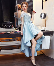 A-line Illusion Neck High-Low Satin & Lace Homecoming Dress with Bow Waist Detail