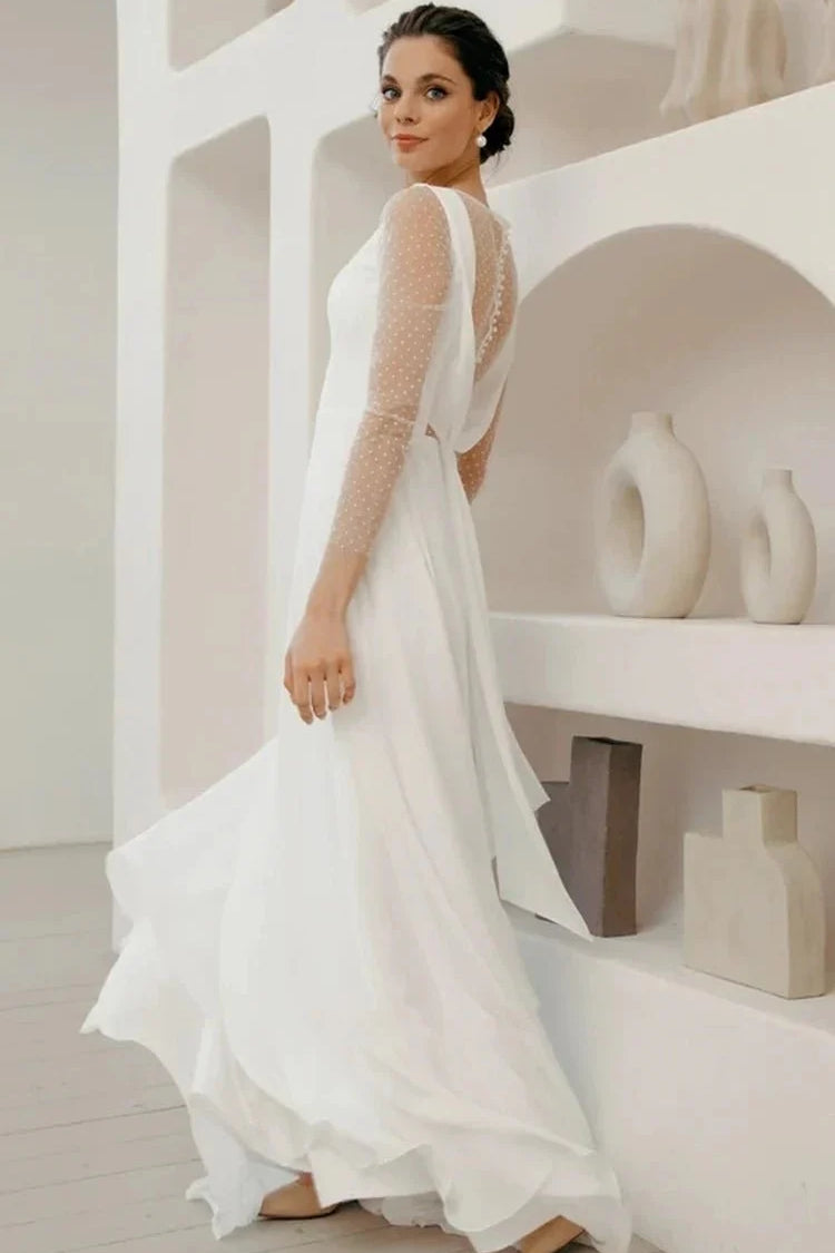 A-Line Chiffon Maxi Wedding Dress Minimalist Sleeved Pearl Button Low Back Bridal Gown