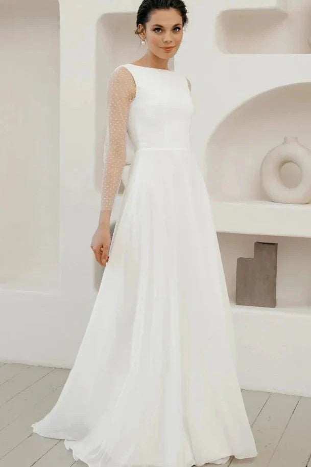 A-Line Chiffon Maxi Wedding Dress Minimalist Sleeved Pearl Button Low Back Bridal Gown