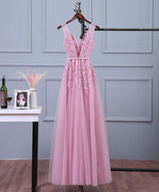 A-line V Neck Sleeveless Tulle Prom Dress with Appliqued Floral Lace