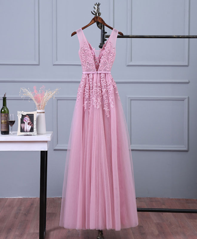 A-line V Neck Sleeveless Tulle Prom Dress with Appliqued Floral Lace