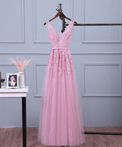 A-line V Neck Sleeveless Tulle Prom Dress with Appliqued Floral Lace