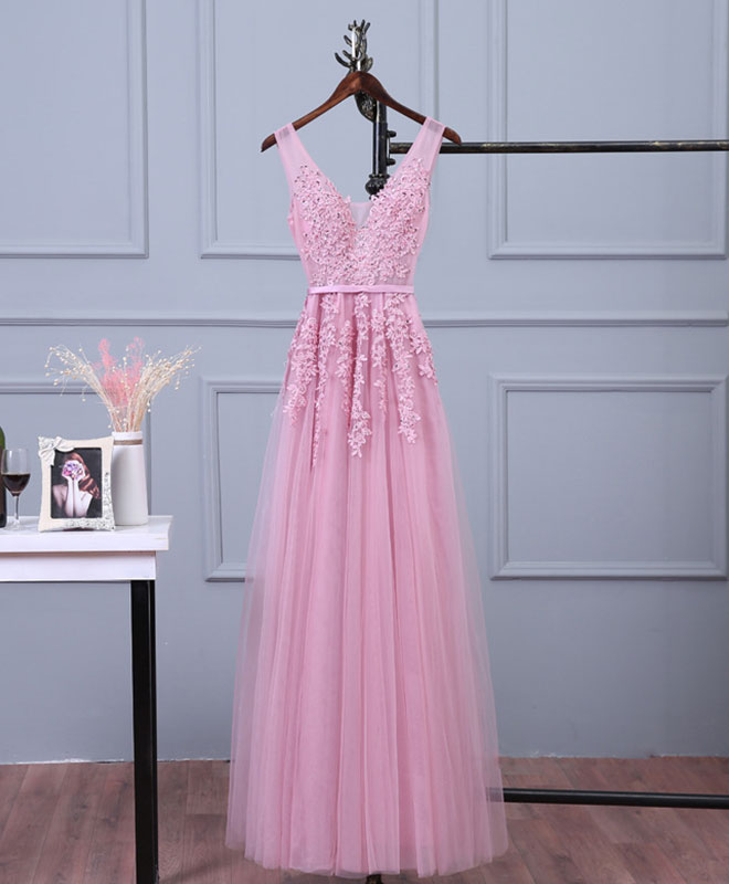 A-line V Neck Sleeveless Tulle Prom Dress with Appliqued Floral Lace