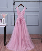 A-line V Neck Sleeveless Tulle Prom Dress with Appliqued Floral Lace