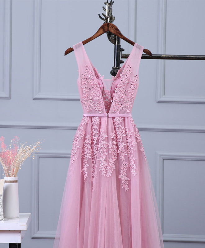 A-line V Neck Sleeveless Tulle Prom Dress with Appliqued Floral Lace