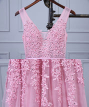 A-line V Neck Sleeveless Tulle Prom Dress with Appliqued Floral Lace