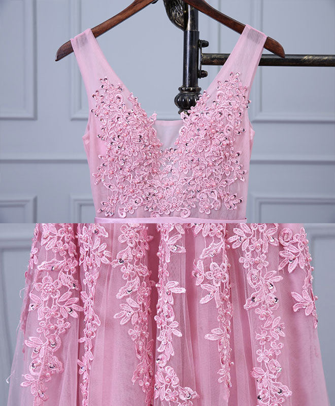 A-line V Neck Sleeveless Tulle Prom Dress with Appliqued Floral Lace