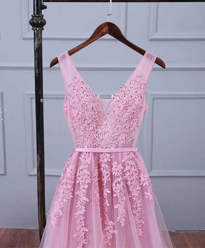 A-line V Neck Sleeveless Tulle Prom Dress with Appliqued Floral Lace