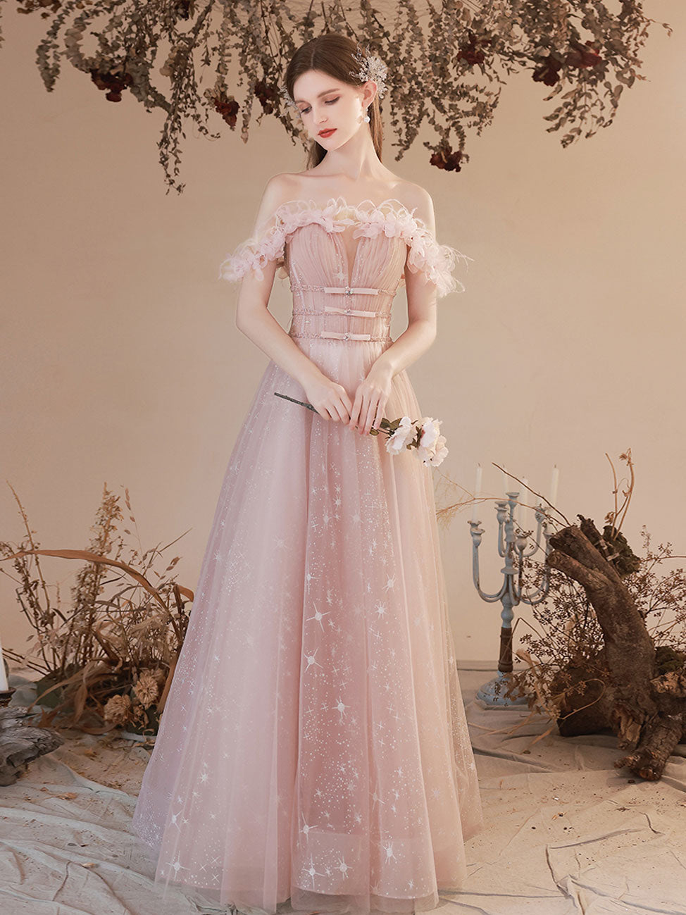 A-Line Sweetheart Off-the-Shoulder Floor-Length Pink Tulle Prom Dress with Floral Trim and Starry Glitter