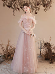 A-Line Sweetheart Off-the-Shoulder Floor-Length Pink Tulle Prom Dress with Floral Trim and Starry Glitter