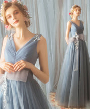 A-Line V-Neck Floor-Length Tulle Lace Prom Dress with Floral Waist Detail