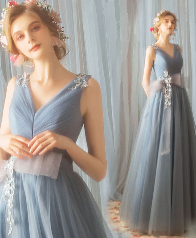 A-Line V-Neck Floor-Length Tulle Lace Prom Dress with Floral Waist Detail
