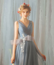 A-Line V-Neck Floor-Length Tulle Lace Prom Dress with Floral Waist Detail