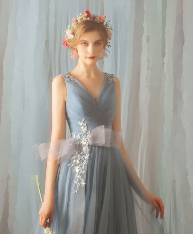 A-Line V-Neck Floor-Length Tulle Lace Prom Dress with Floral Waist Detail