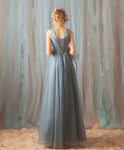 A-Line V-Neck Floor-Length Tulle Lace Prom Dress with Floral Waist Detail