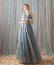 A-Line V-Neck Floor-Length Tulle Lace Prom Dress with Floral Waist Detail