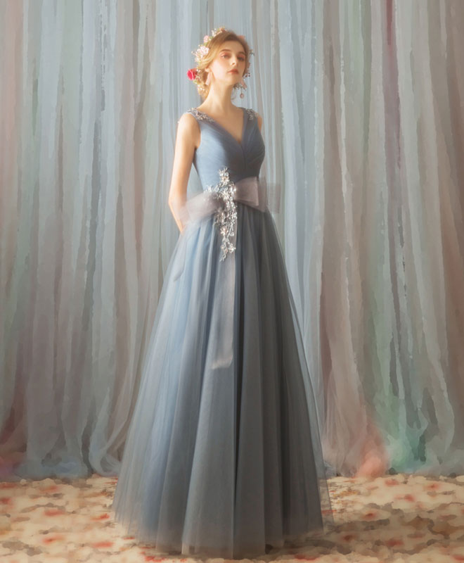 A-Line V-Neck Floor-Length Tulle Lace Prom Dress with Floral Waist Detail