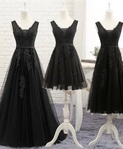 A-line V Neck Tulle & Lace Prom Dress with Floral Appliqué