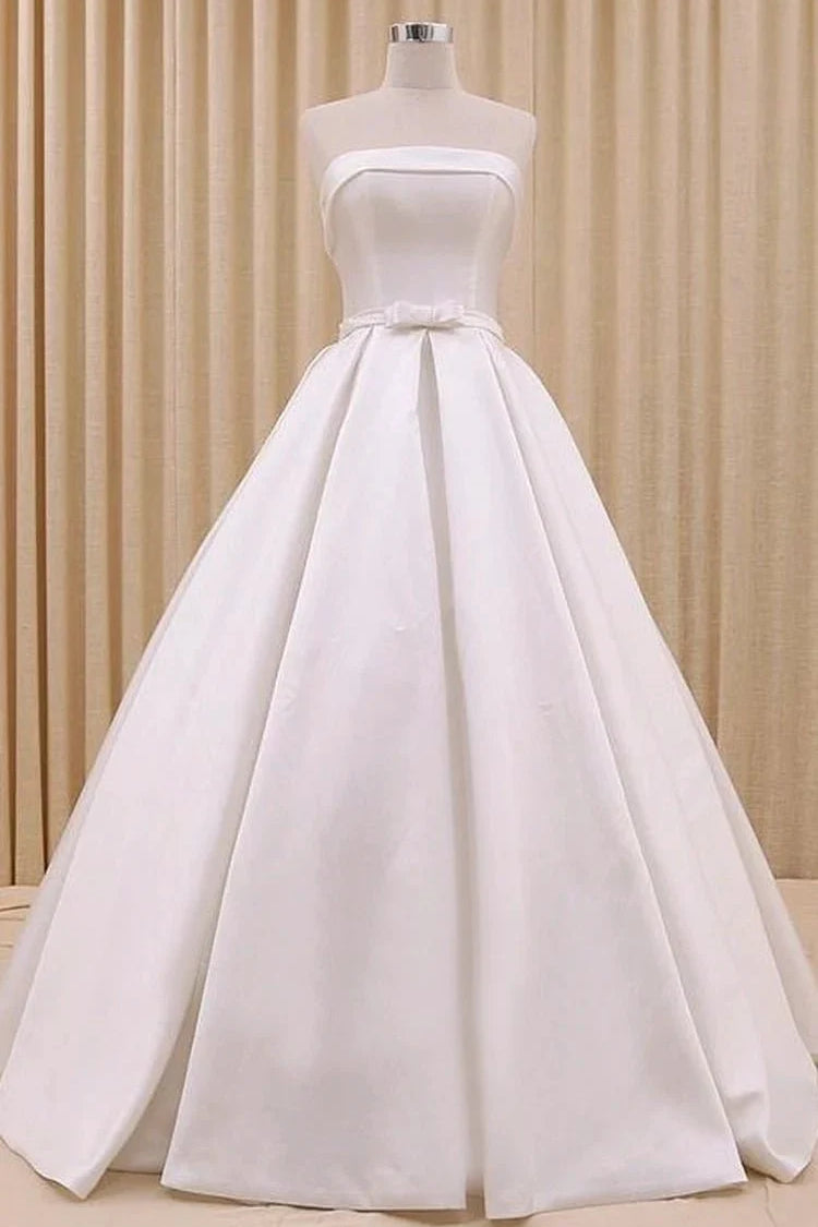 Abigale | A-Line Corset Strapless Floor Length Wedding Dress with Delicate Bow Belt