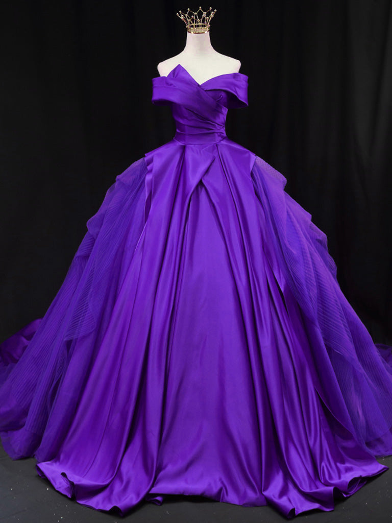 Ball Gown Off-the-Shoulder Floor-Length Tulle & Satin Draped Skirt Royal Blue Prom Dress