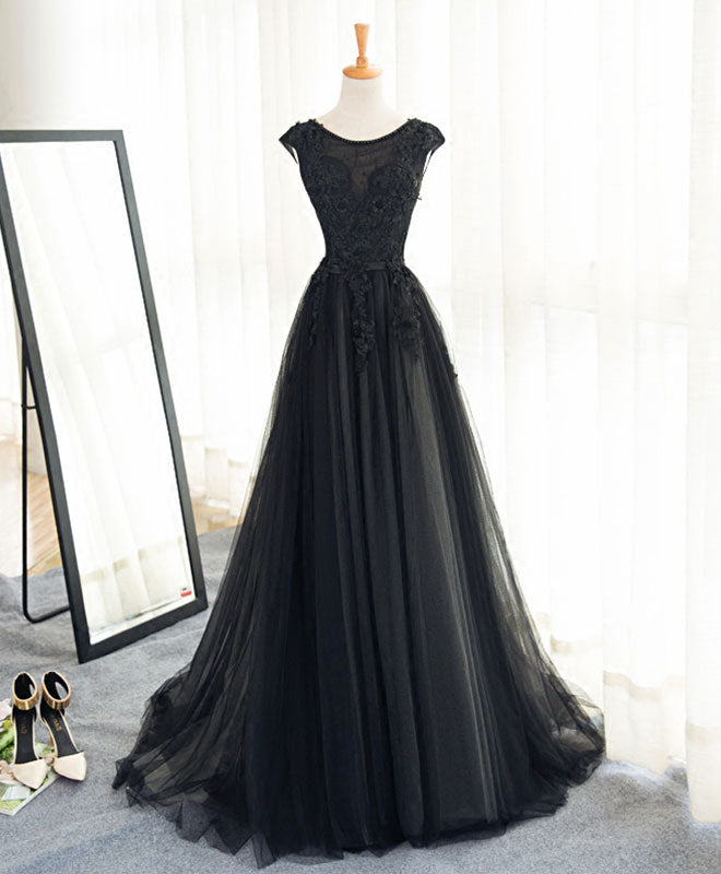 A-Line Cap Sleeve Black Tulle Prom Dress With Floral Lace Appliqué & Satin Waistband