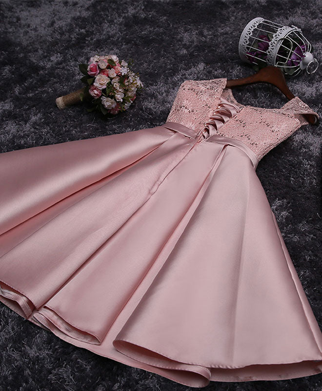 Sleeveless Scoop Neck Lace Satin Short Homecoming Dress With Bow Waist & Lace-Up Back