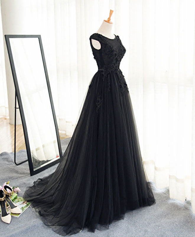 A-Line Cap Sleeve Black Tulle Prom Dress With Floral Lace Appliqué & Satin Waistband