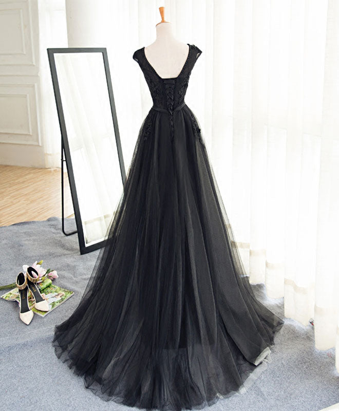 A-Line Cap Sleeve Black Tulle Prom Dress With Floral Lace Appliqué & Satin Waistband