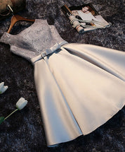 Sleeveless Scoop Neck Lace Satin Short Homecoming Dress With Bow Waist & Lace-Up Back